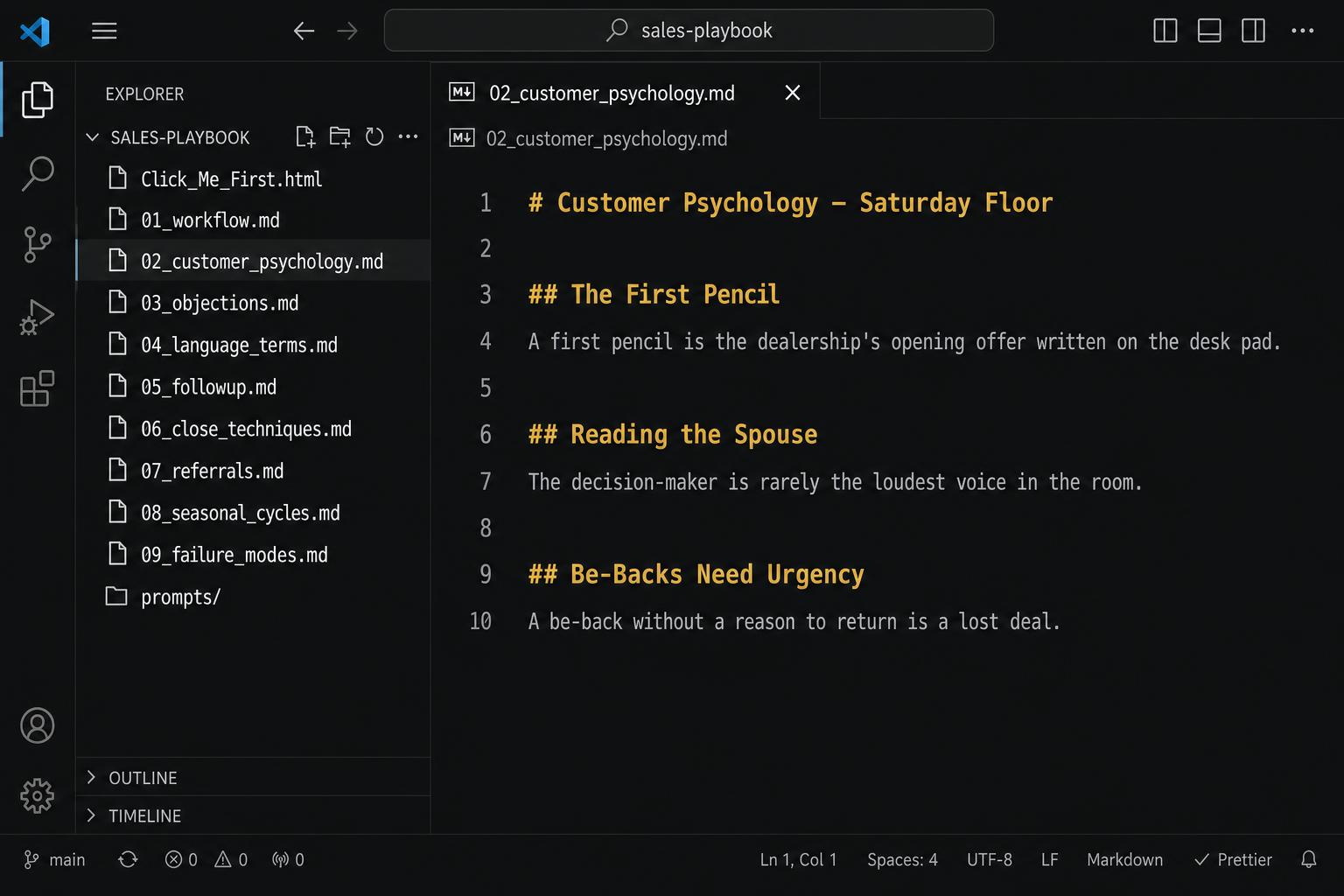 Screenshot of the Automotive Sales pack opened in a code editor, showing 10 markdown context files in the sidebar and Customer Psychology content in the main pane.